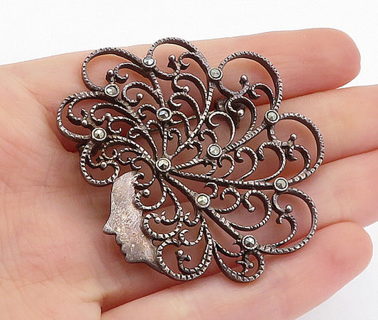 925 Sterling Silver  Vintage Marcasite Woman's Hair Motif Brooch Pin  BP2297