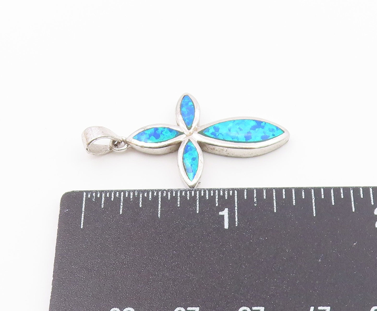 925 Sterling Silver  Vintage Blue Fire Opal Religious Cross Pendant  PT18637