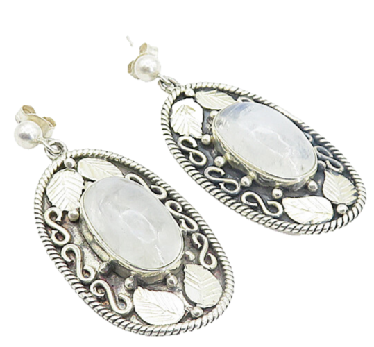 925 Sterling Silver  Vintage Cabochon Cut Quartz Floral Drop Earrings  EG3081