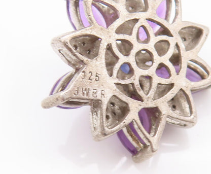 925 Sterling Silver Vintage Pendant Cutout Diamond & Amethyst Flower  PT22728