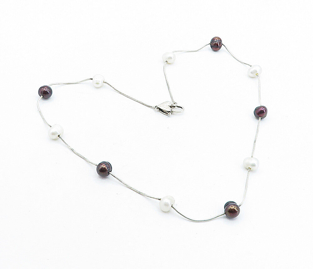925 Sterling Silver  Vintage Pearls Love Heart Snake Chain Necklace  NE1092
