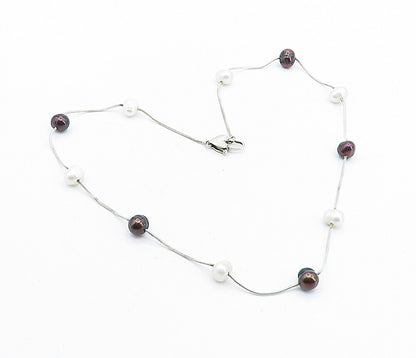 925 Sterling Silver  Vintage Pearls Love Heart Snake Chain Necklace  NE1092