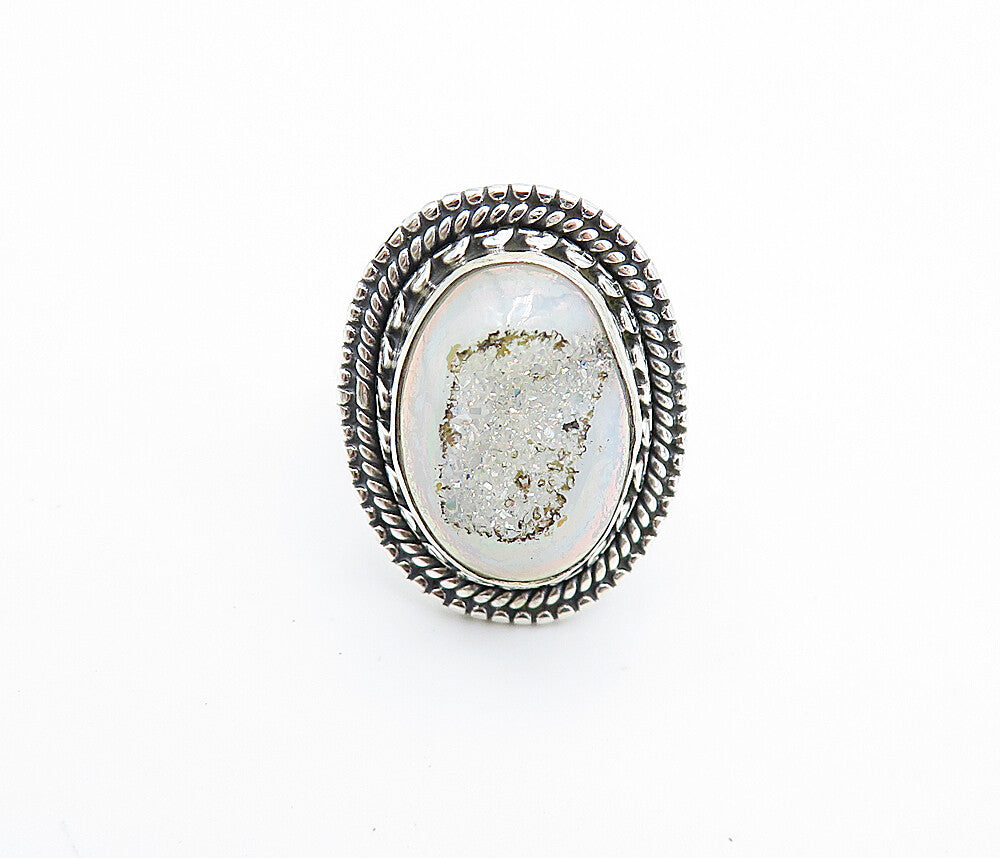 925 Sterling Silver  Druzy Stone Shiny Twist Petite Cocktail Ring Sz 5  RG8080
