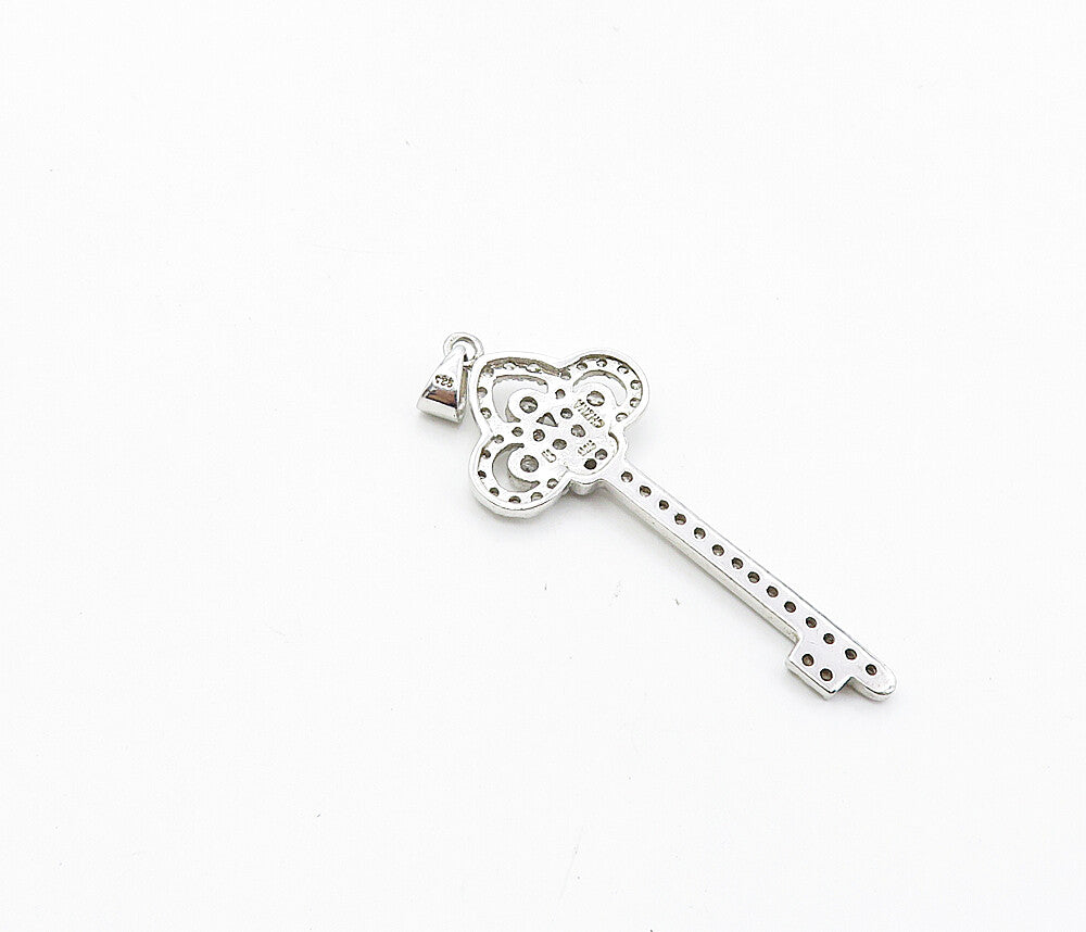 925 Sterling Silver  Sparkling White Topaz Key Motif Drop Pendant  PT6345