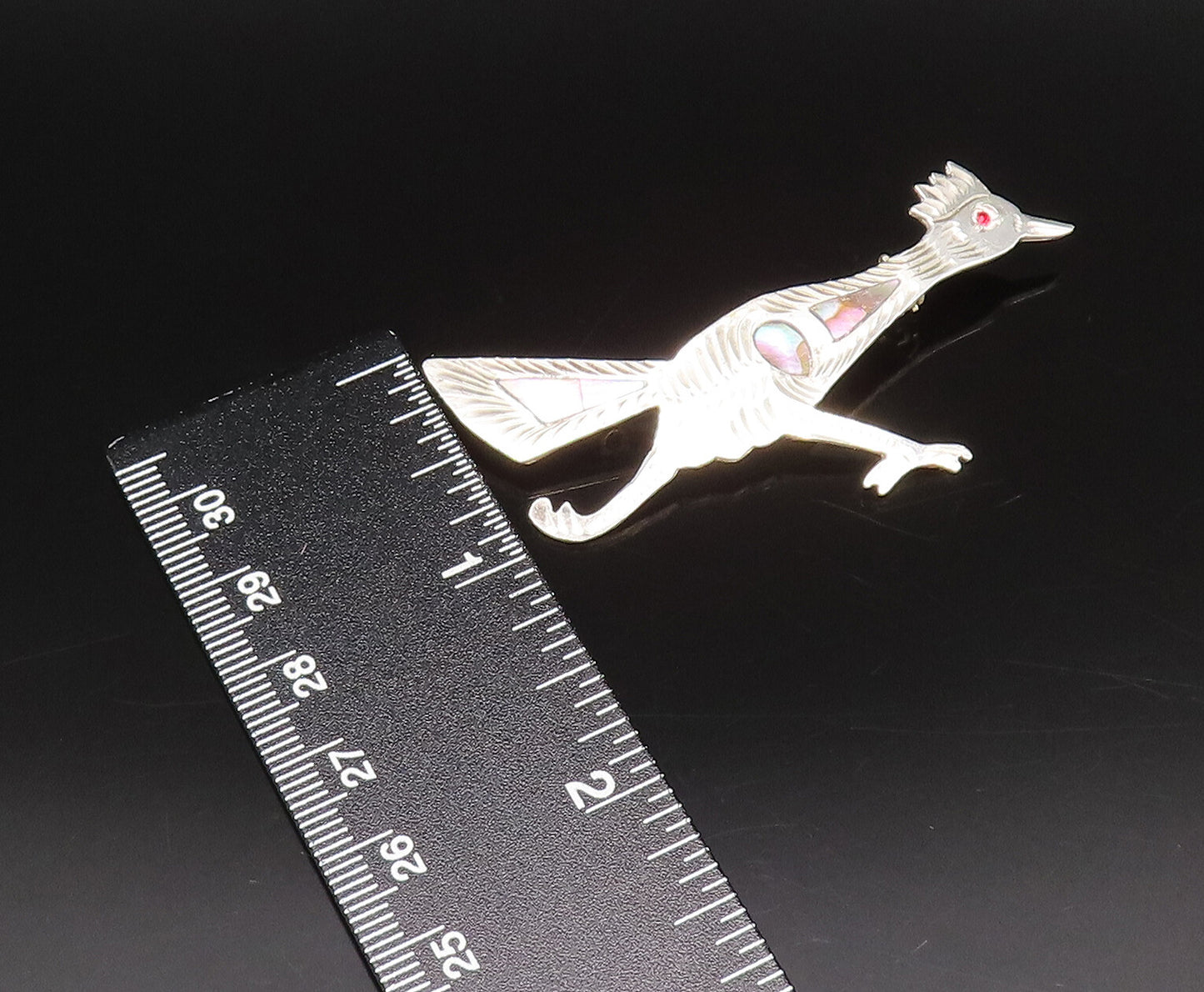 925 Silver  Vintage Etched Abalone Bird With Red Topaz Eye Brooch Pin  BP10062