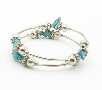 925 Sterling Silver  Vintage Turquoise Beaded Shiny Chain Bracelet  BT5973