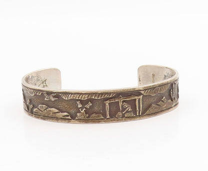 925 Sterling Silver Vintage Bracelet NAVAJO ZUNI Carved Storyteller Cuff BT11590