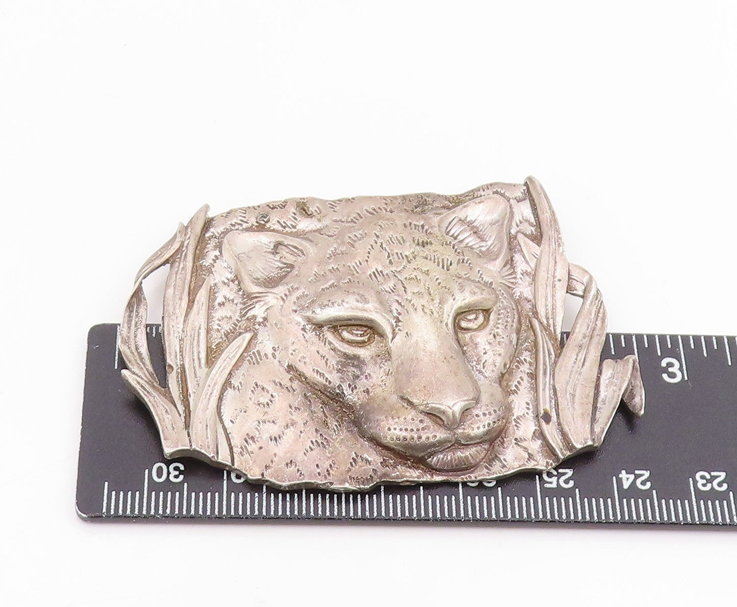 925 Sterling Silver Vintage Brooch Pin MEXICO Etched Leopard In Grass  BP12401