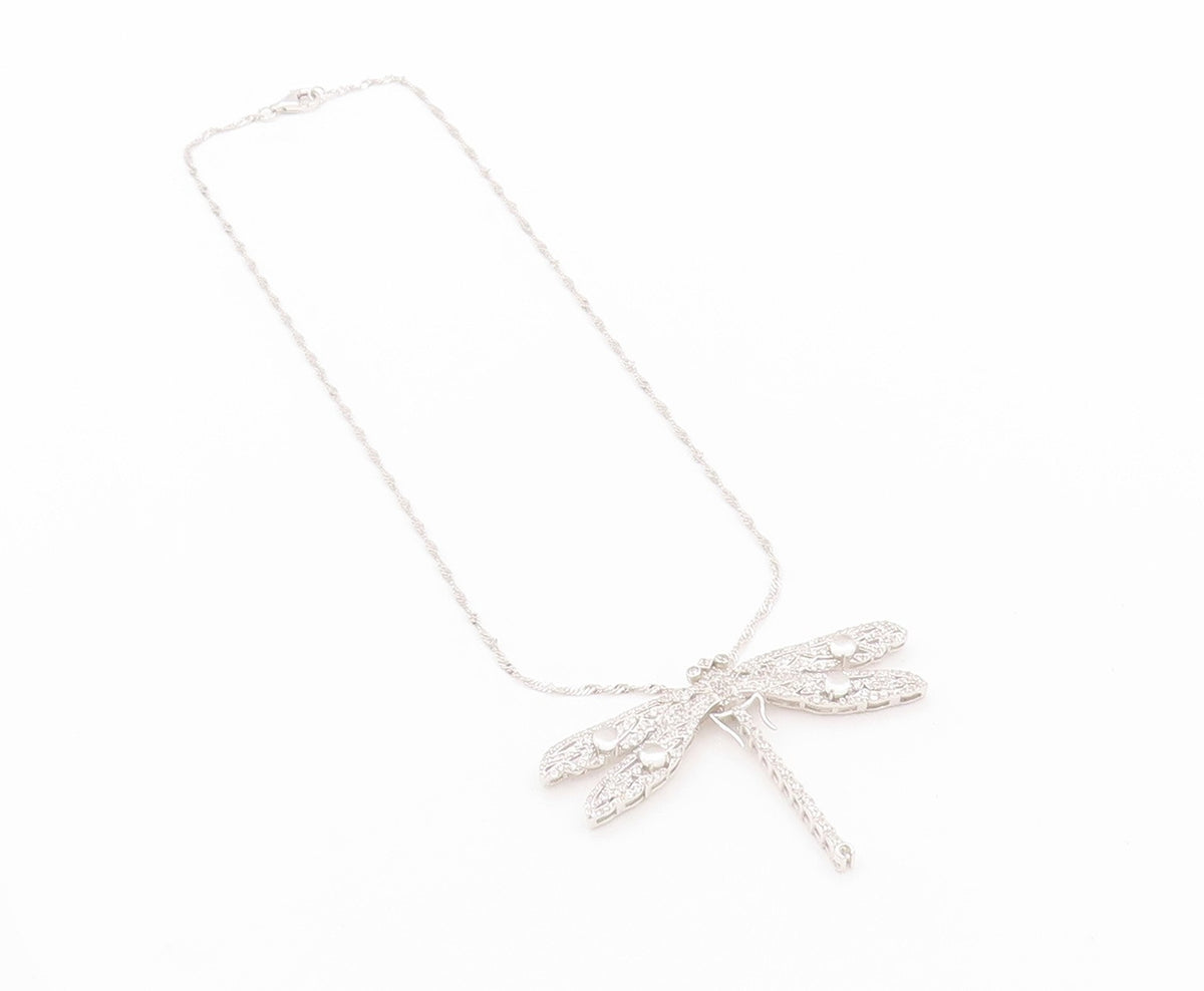 925 Sterling Silver Vintage Necklace Designer Cat's Eye & CZ Dragonfly  NE4521