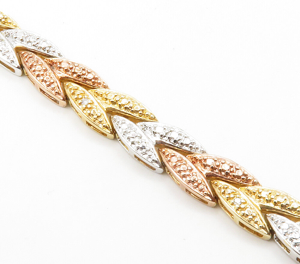 925 Sterling Silver  Genuine Diamonds Three Tone Hinge Chain Bracelet  BT5831