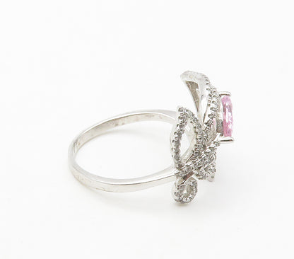 925  Silver  Pink & White Cubic Zirconia Floral Bypass Ring Sz 10  RG16739