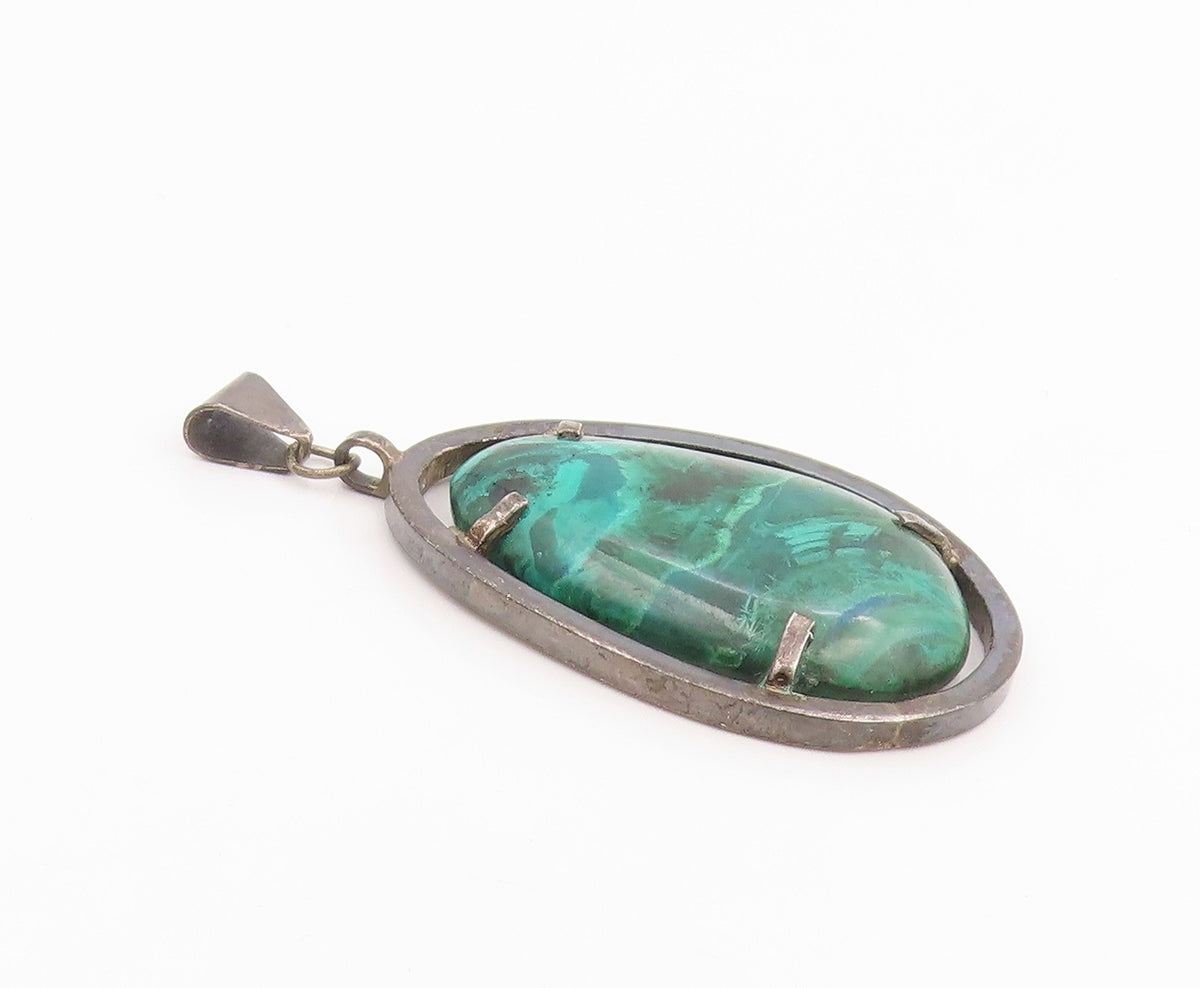 925 Sterling Silver Vintage Pendant Modernist Cabochon Malachite Drop  PT26251