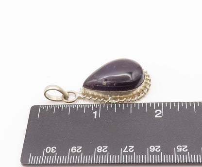 925 Sterling Silver Vintage Pendant Drop Shape Onyx Halo Coiled Border  PT22685