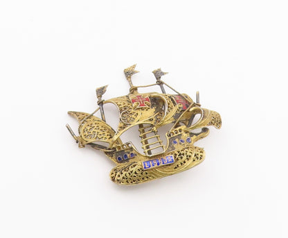 925 Sterling Silver  Vintage Antique Filigree Sailing Ship Brooch Pin  BP7896