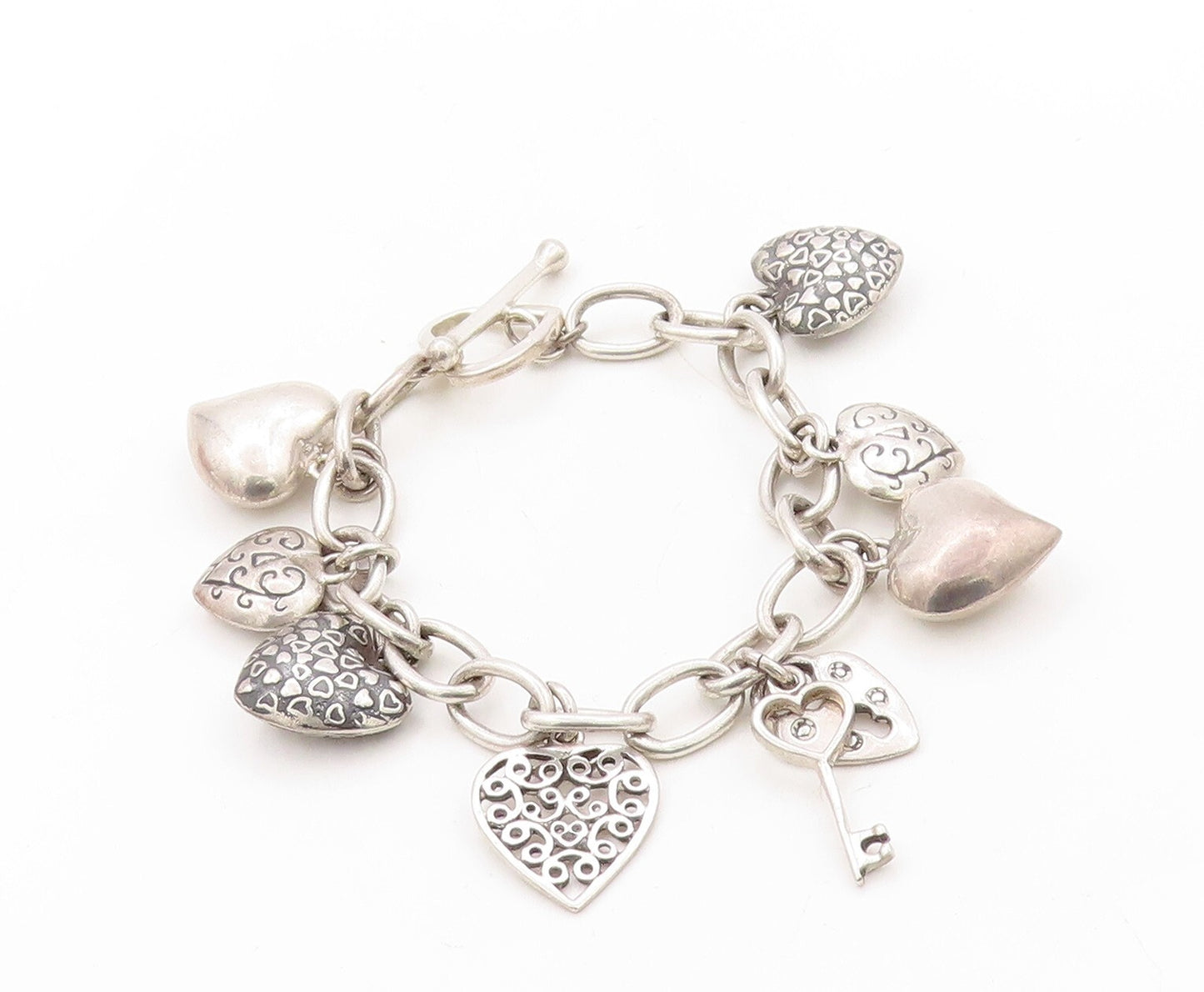925 Sterling Silver Vintage Bracelet Minimalist Carved Dangling Hearts  BT10928