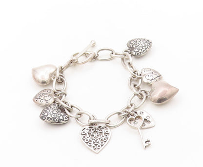 925 Sterling Silver Vintage Bracelet Minimalist Carved Dangling Hearts  BT10928