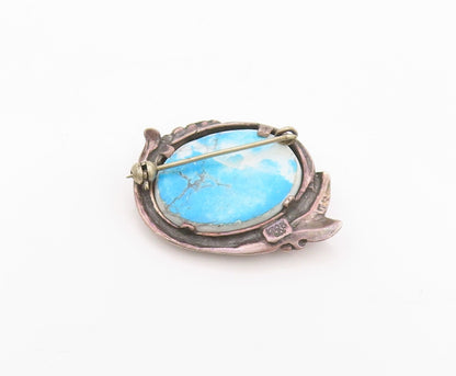 925 Sterling Silver Vintage Brooch Dark Tone Framed Oval Turquoise  BP11582