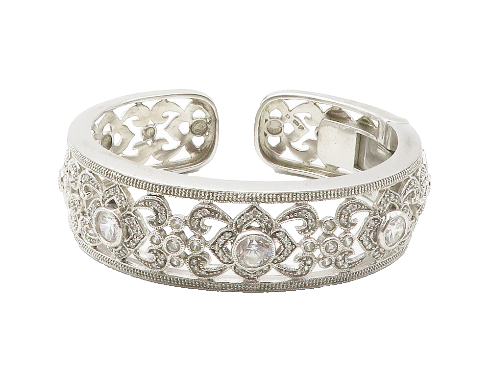 925 Sterling Silver  Shiny Cubic Zirconia Open Floral Cuff Bracelet  BT5743