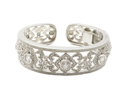 925 Sterling Silver  Shiny Cubic Zirconia Open Floral Cuff Bracelet  BT5743