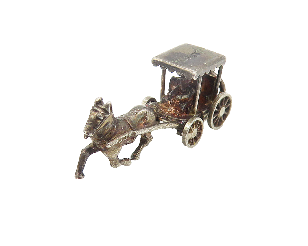 925 Sterling Silver  Vintage Petite Dark Tone Horse & Carriage Pendant  PT8527