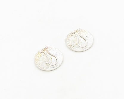 925 Sterling Silver  Vintage Shiny Textured Round Button Drop Earrings  EG9378