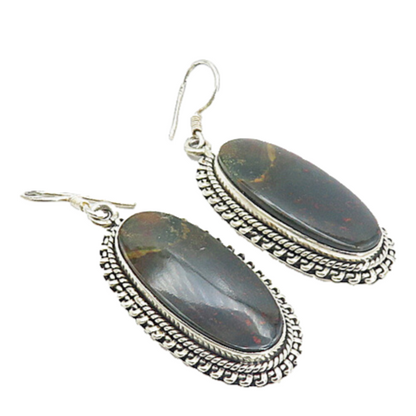 925 Sterling Silver Vintage Bloodstone Jasper Twist Dangle Earrings EG3750
