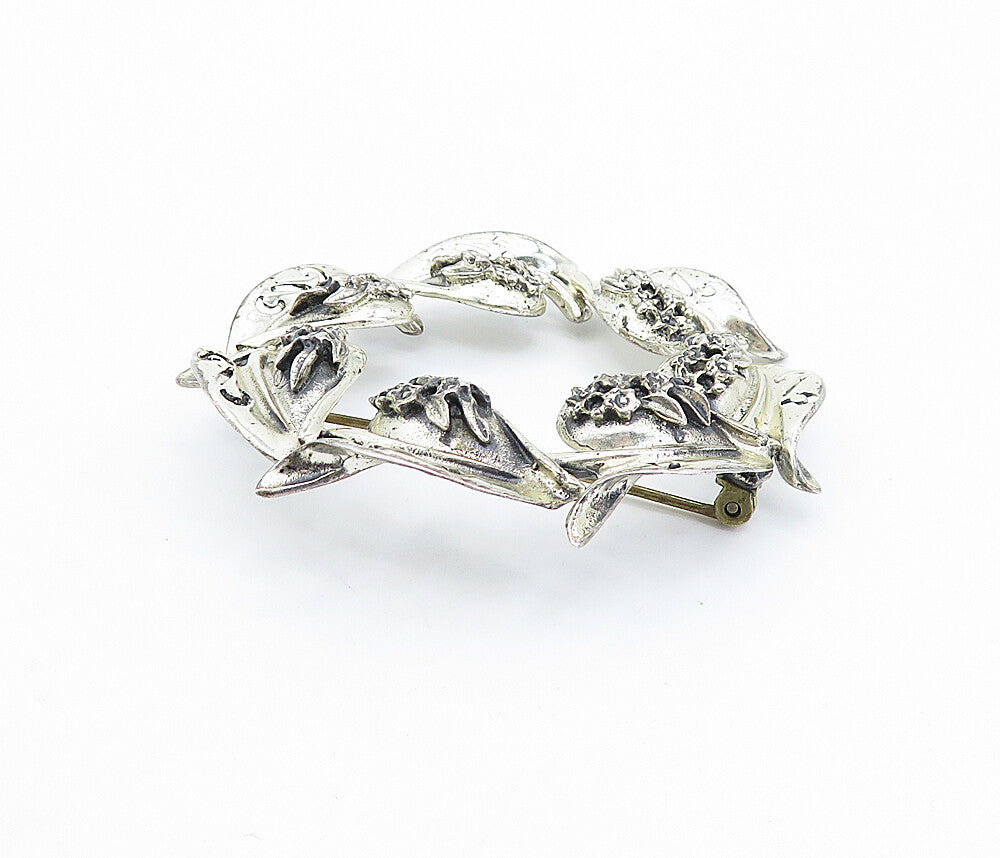 925 Sterling Silver  Vintage Swirl Pattern Floral Wreath Brooch Pin  BP1265