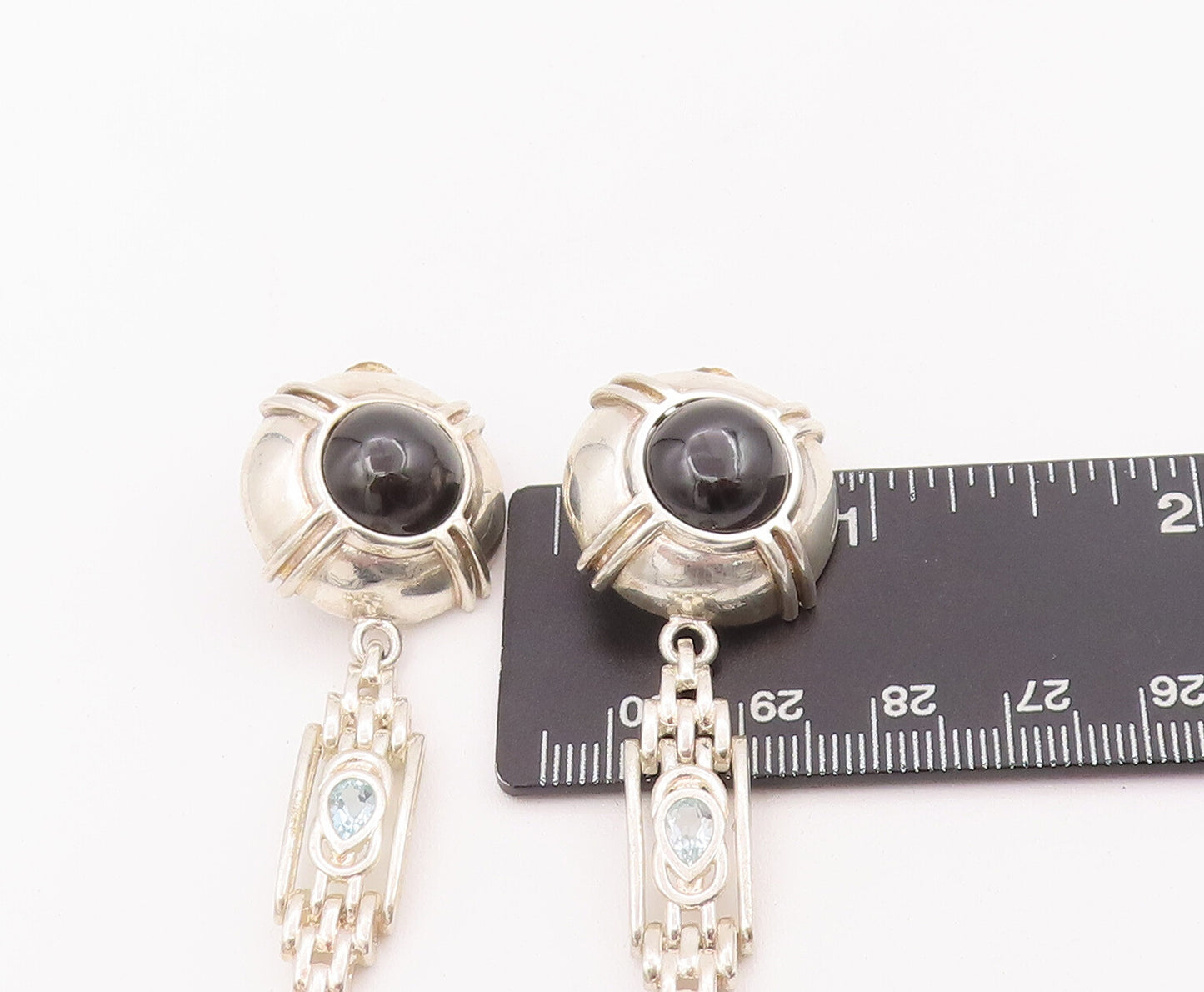 925 Sterling Silver Vintage Earrings Domed Cabochon Onyx & Topaz Dangle  EG12918