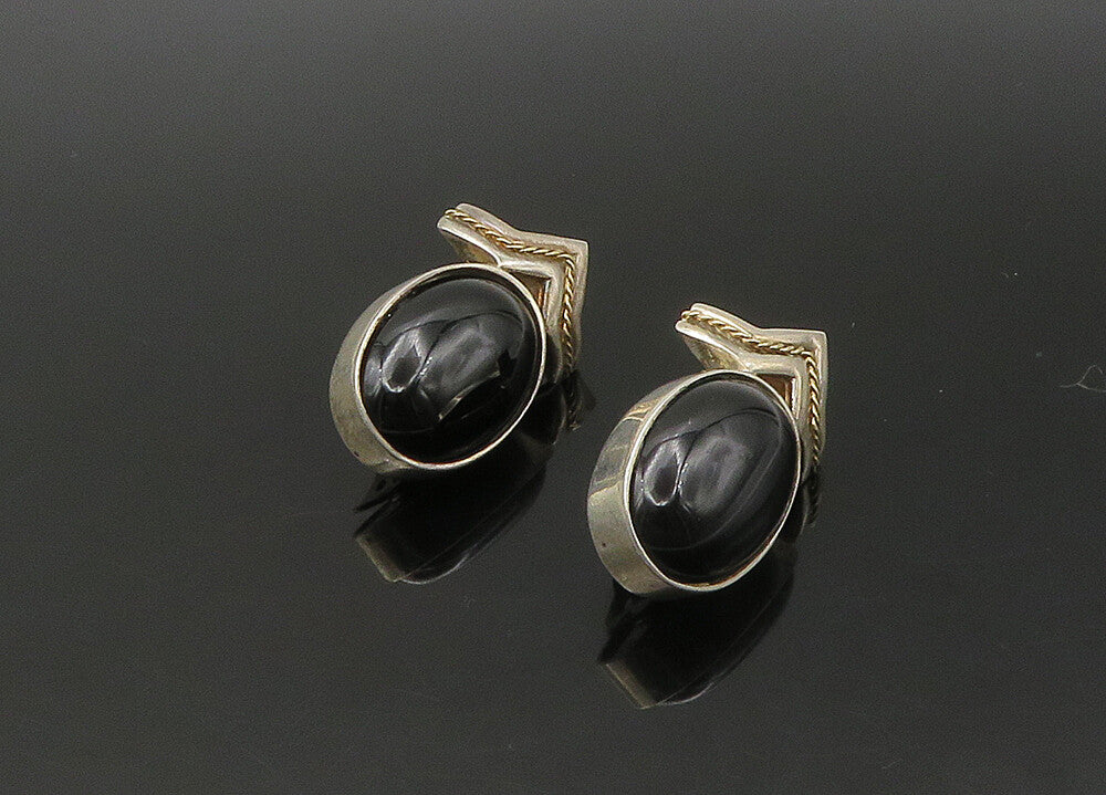 925 Sterling Silver & 14K GOLD  Vintage Black Onyx Non Pierce Earrings EG10824