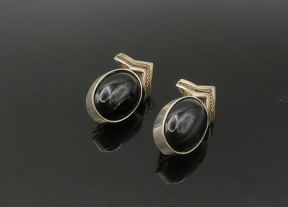 925 Sterling Silver & 14K GOLD  Vintage Black Onyx Non Pierce Earrings EG10824
