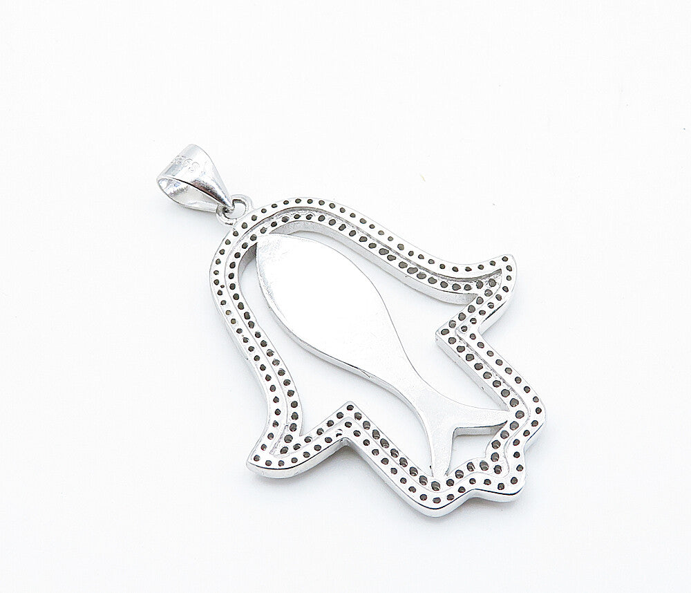 925 Sterling Silver  Sparkling Cubic Zirconia & Enamel Hamsa Pendant  PT6100