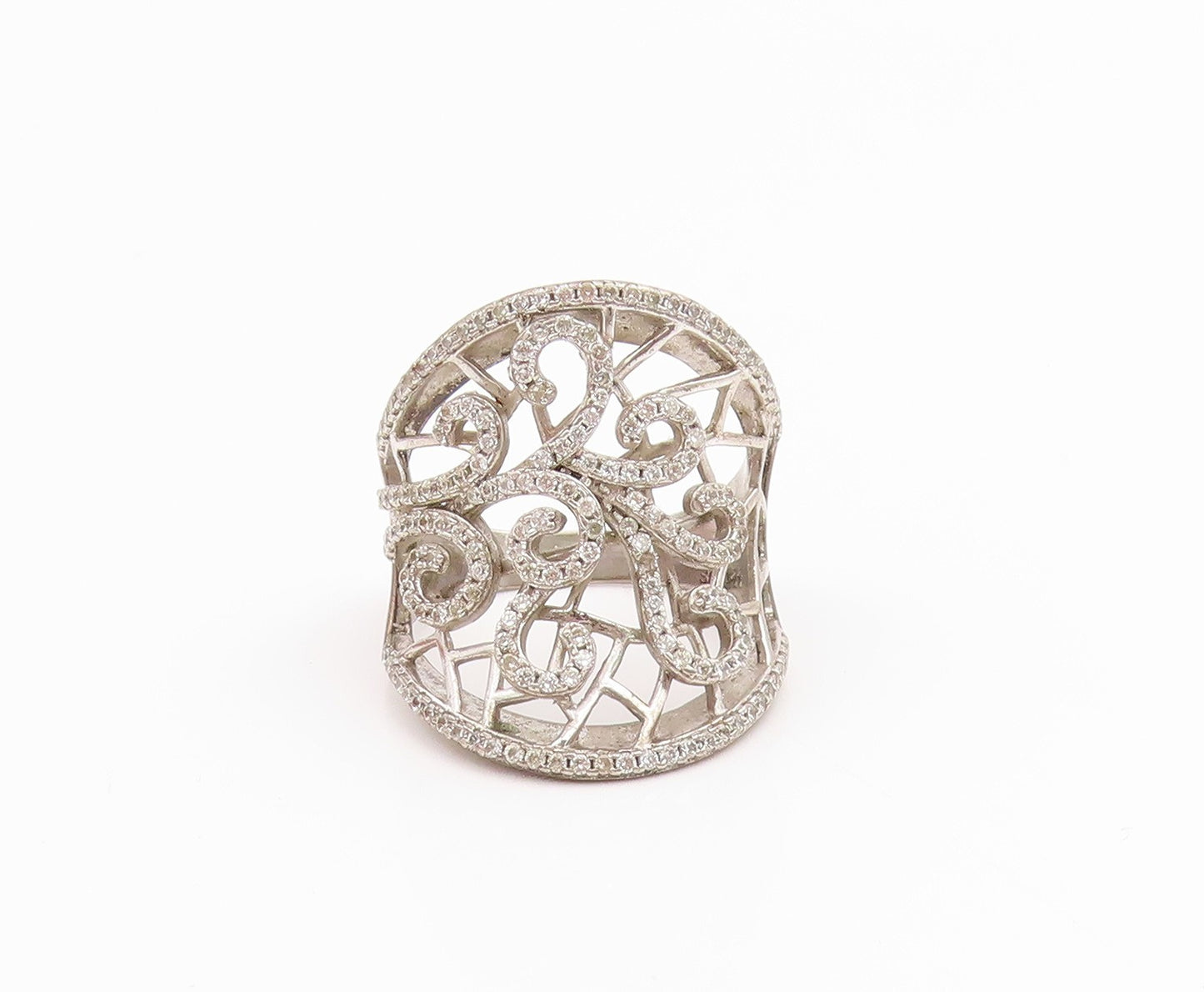 925 Sterling Silver Vintage Ring White Topaz Openwork Swirl Band  Sz 7  RG35465