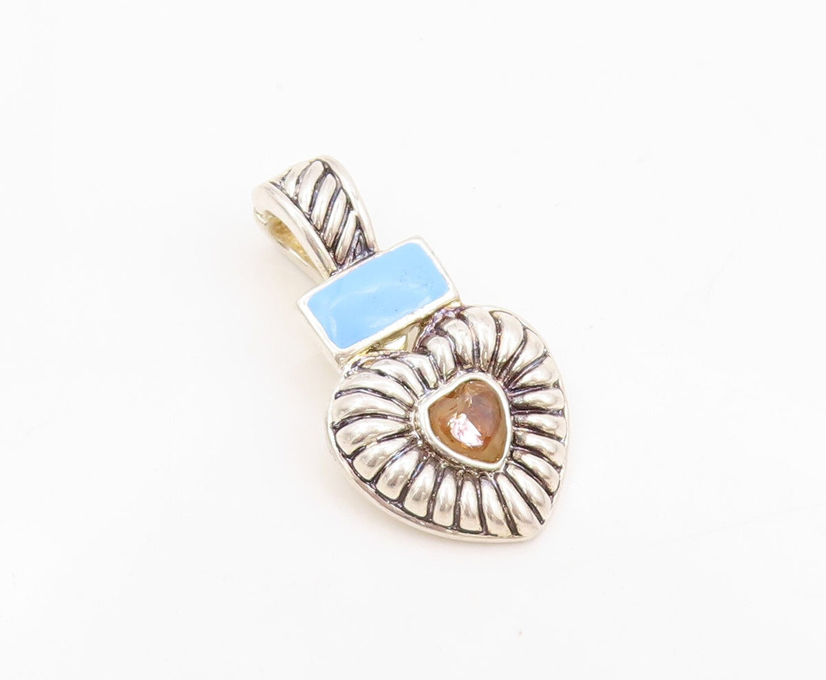 925 Sterling Silver Vintage Pendant Solid Gemstone Inlay Grooved Heart  PT23898