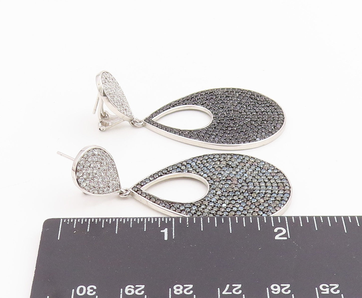 925 Sterling Silver Vintage Earrings Black Spinel & CZ Teardrop Cluster  EG14227