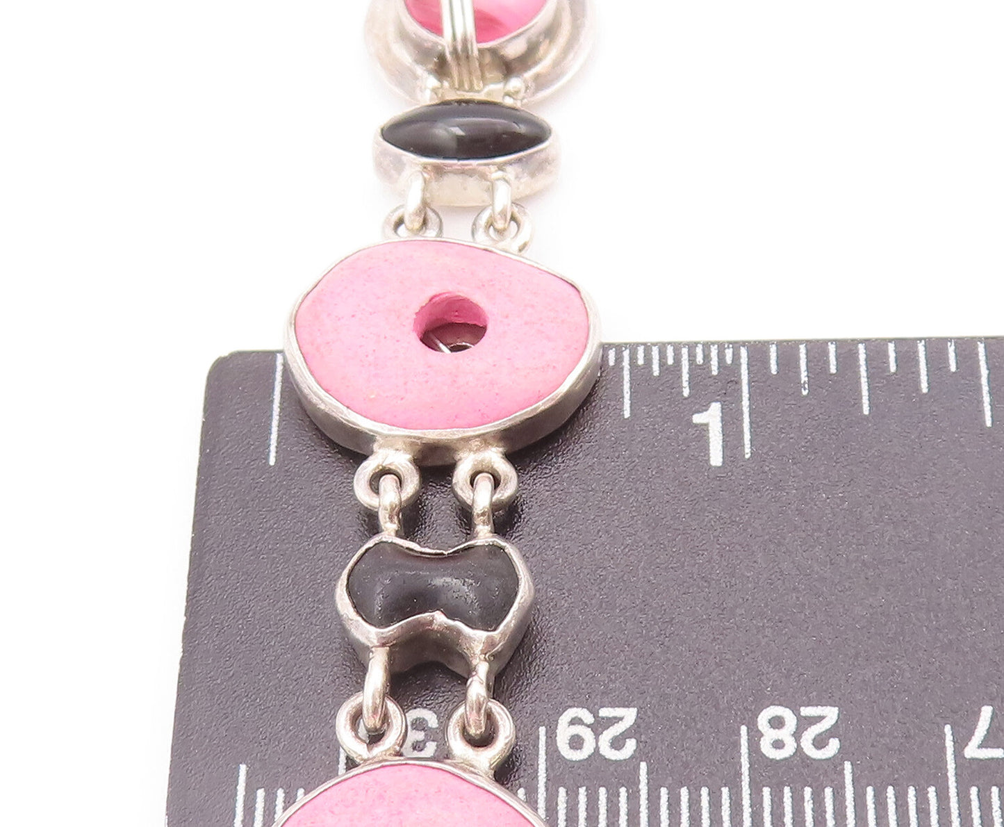925 Sterling Silver Vintage Bracelet Linked Bubblegum Pink Donut Onyx  BT10378