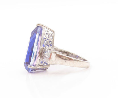 925 Sterling Silver Vintage Ring Drop Cut Blue & White CZ  Sz 6  RG32926