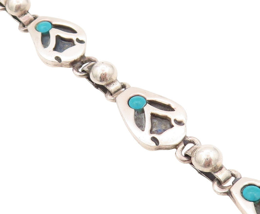 925 Sterling Silver Vintage Bracelet MEXICO Turquoise Flower Carved  BT11083