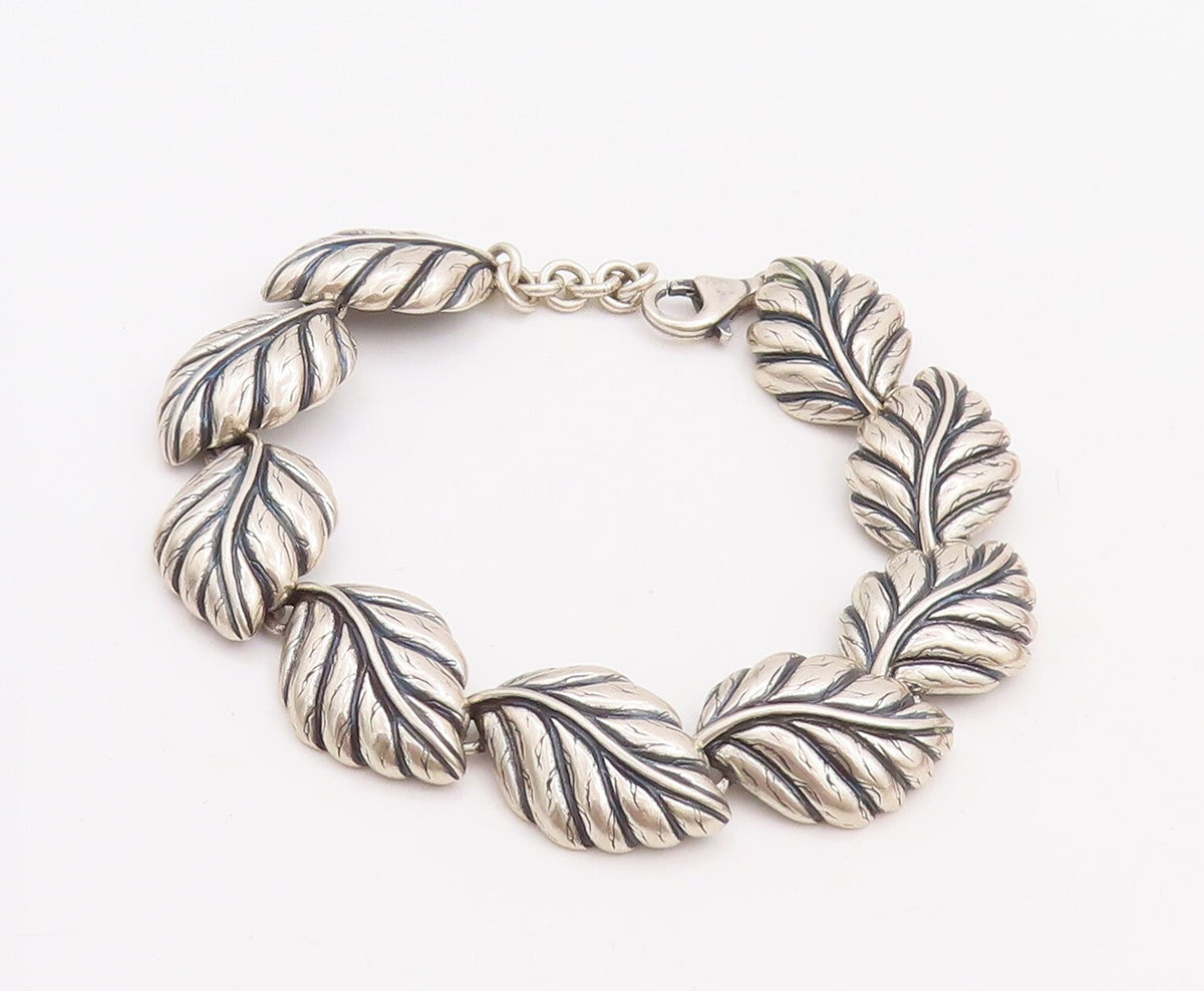 925 Sterling Silver Vintage Bracelet Solid Domed Carved Leaved Linked  BT10681