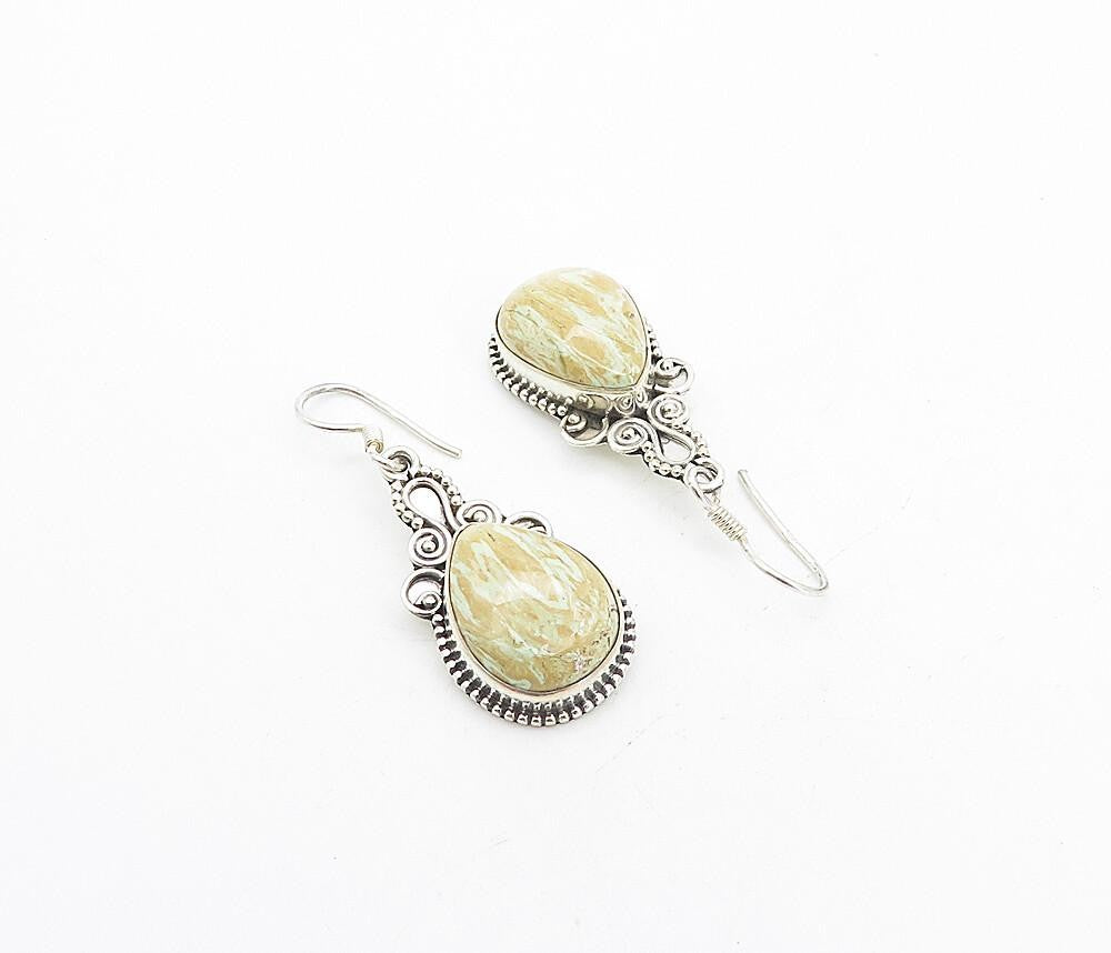 925 Sterling Silver  Vintage Jasper Shiny Swirl Tear Drop Earrings  EG3448