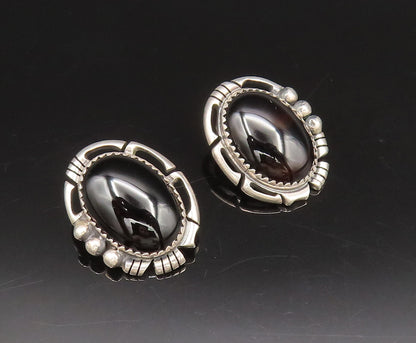 NAVAJO 925 Silver  Vintage Openwork Edge Black Onyx Clip Back Earrings EG12300