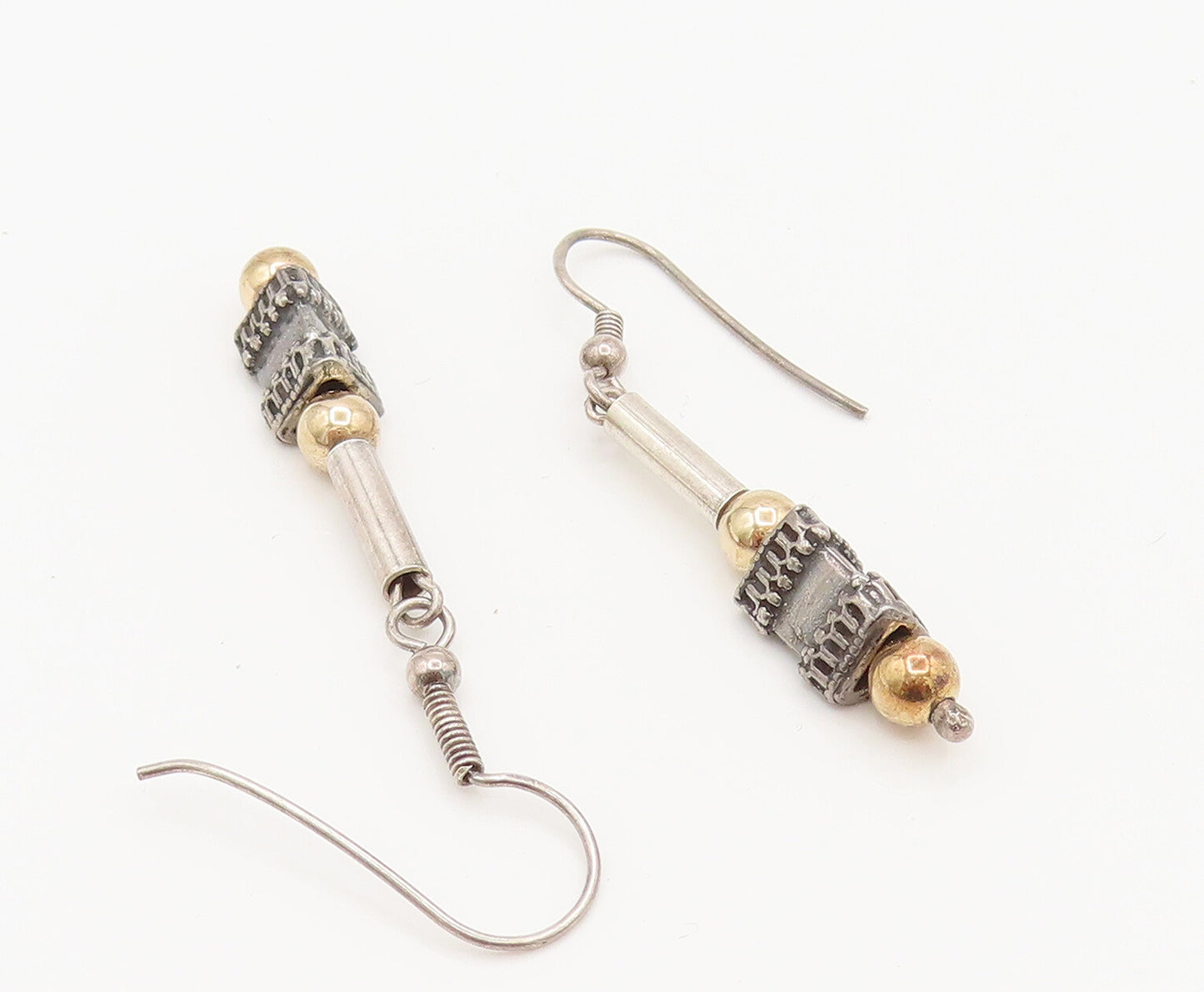 925 Silver  Vintage Two Tone Beads Bar & Cubed Triangle Earrings  EG12360