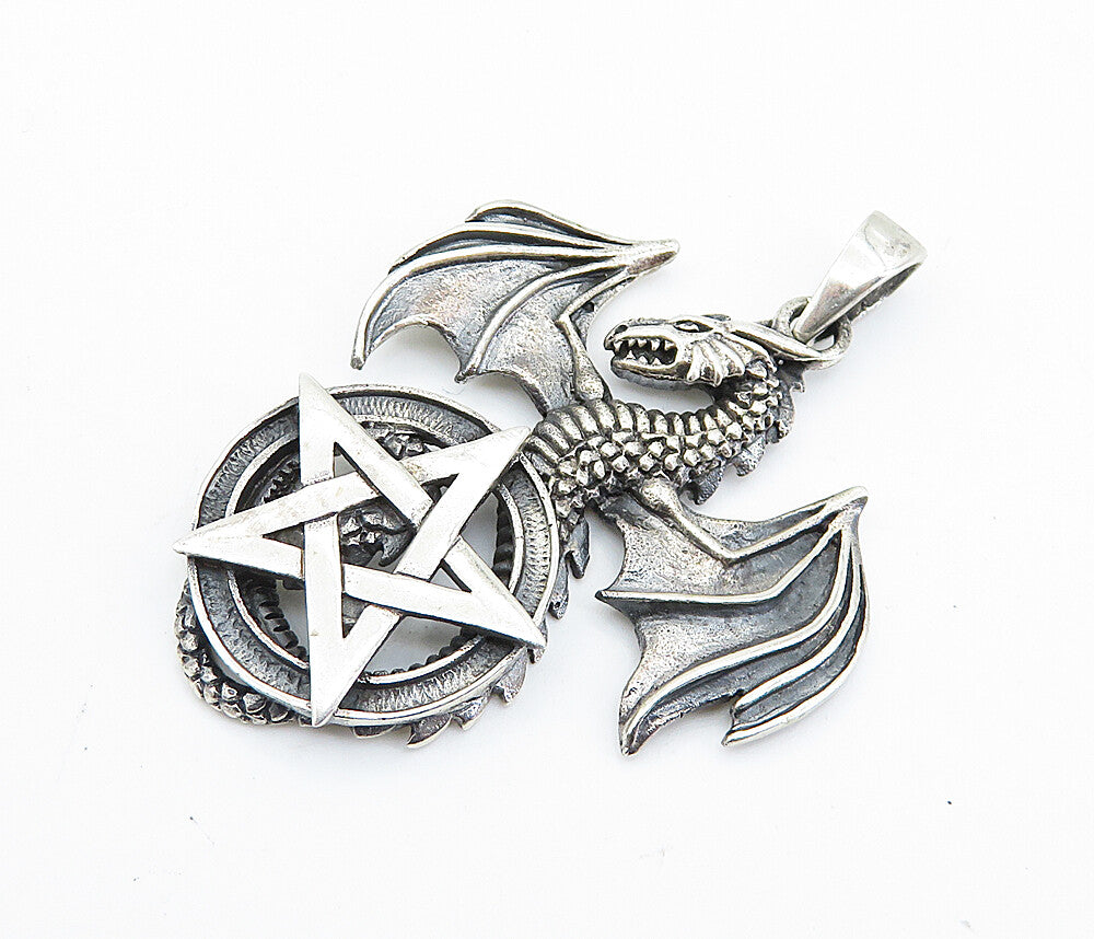 925 Sterling Silver  Vintage Pentagram Star & Flying Dragon Pendant  PT5969