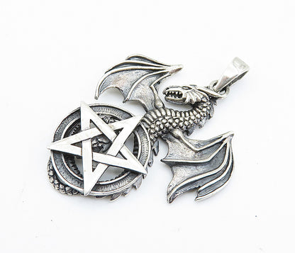 925 Sterling Silver  Vintage Pentagram Star & Flying Dragon Pendant  PT5969