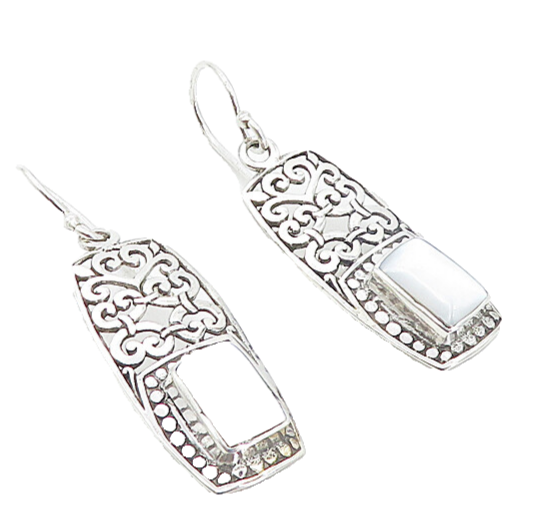 925 Sterling Silver  Mother Of Pearl Swirl Cutout Square Drop Earrings  EG3406