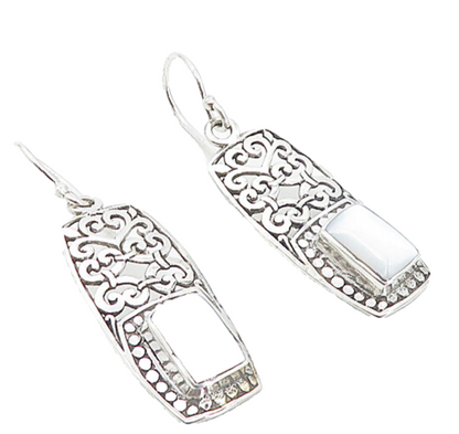 925 Sterling Silver  Mother Of Pearl Swirl Cutout Square Drop Earrings  EG3406