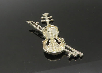 MEXICO 925 Sterling Silver  Vintage Shiny Violin Music Motif Brooch Pin BP8814