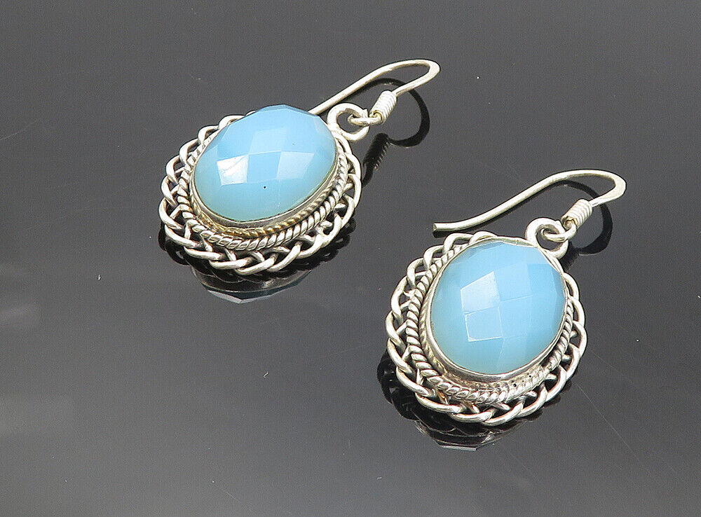 925 Sterling Silver - Vintage Faceted Chalcedony Twist Dangle Earrings - EG3612