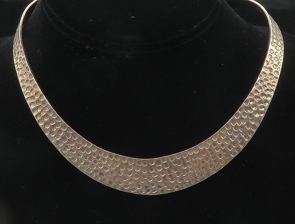 MEXICO 925 Silver  Vintage Shiny Hammered Detail Collar Necklace  NE1971