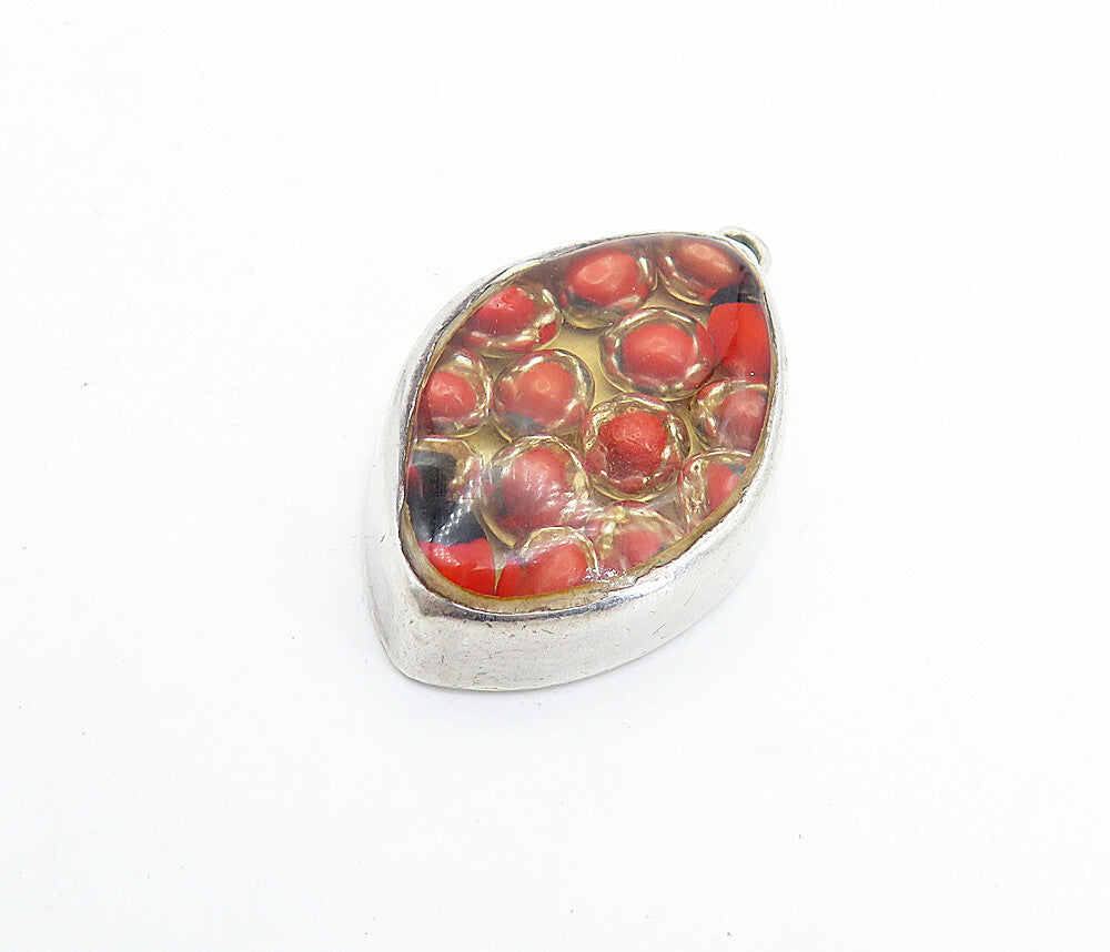 925 Sterling Silver  Vintage Enamel Glass Art Pointed Oval Pendant  PT4661