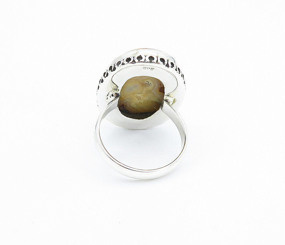 925 Sterling Silver  Cabochon Cut Brown Agate Shiny Cocktail Ring Sz 7  RG7799